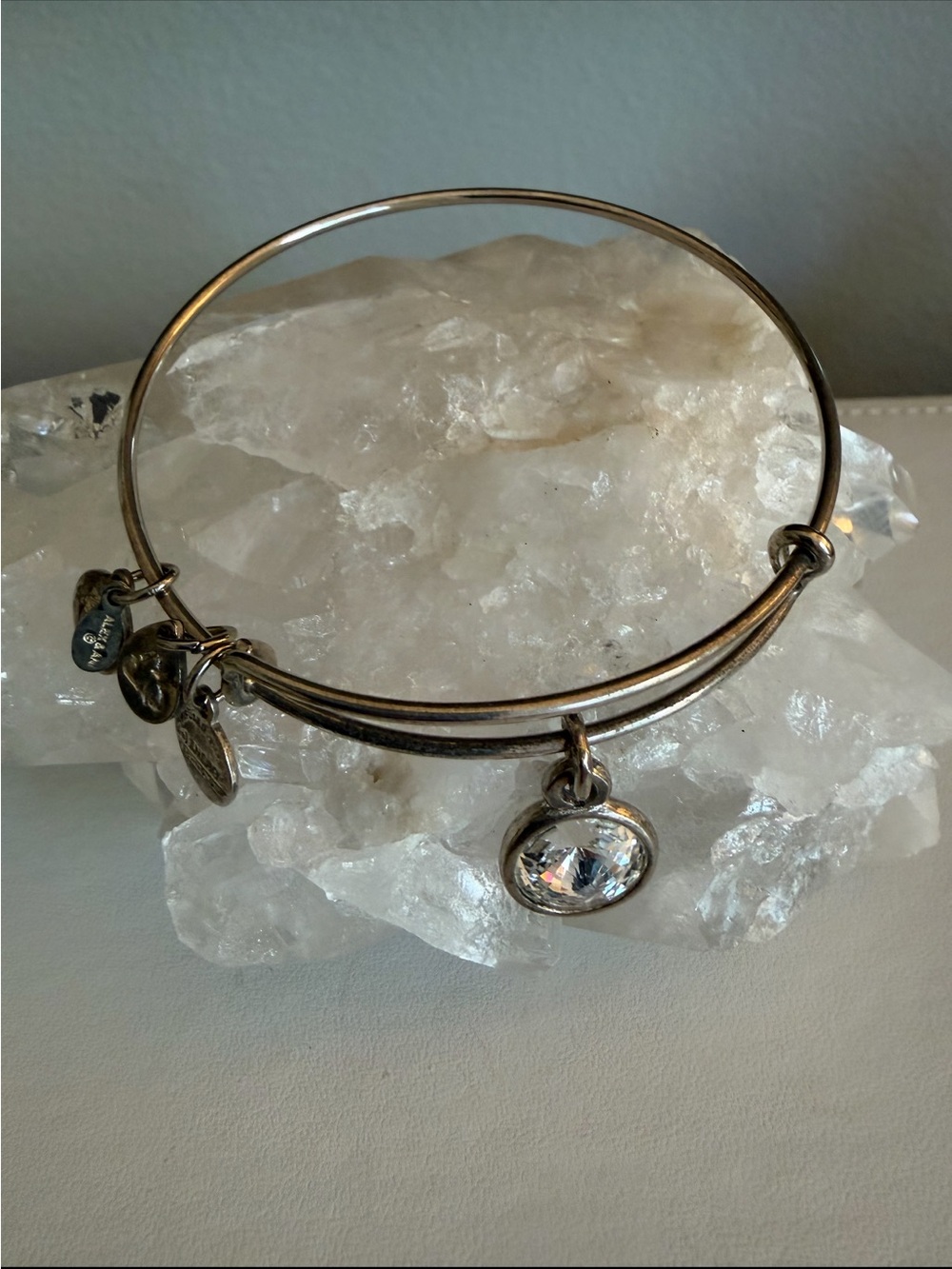 Alex and Ani Silver-Tone Bangle Bracelet with Clear Crystal Charm
